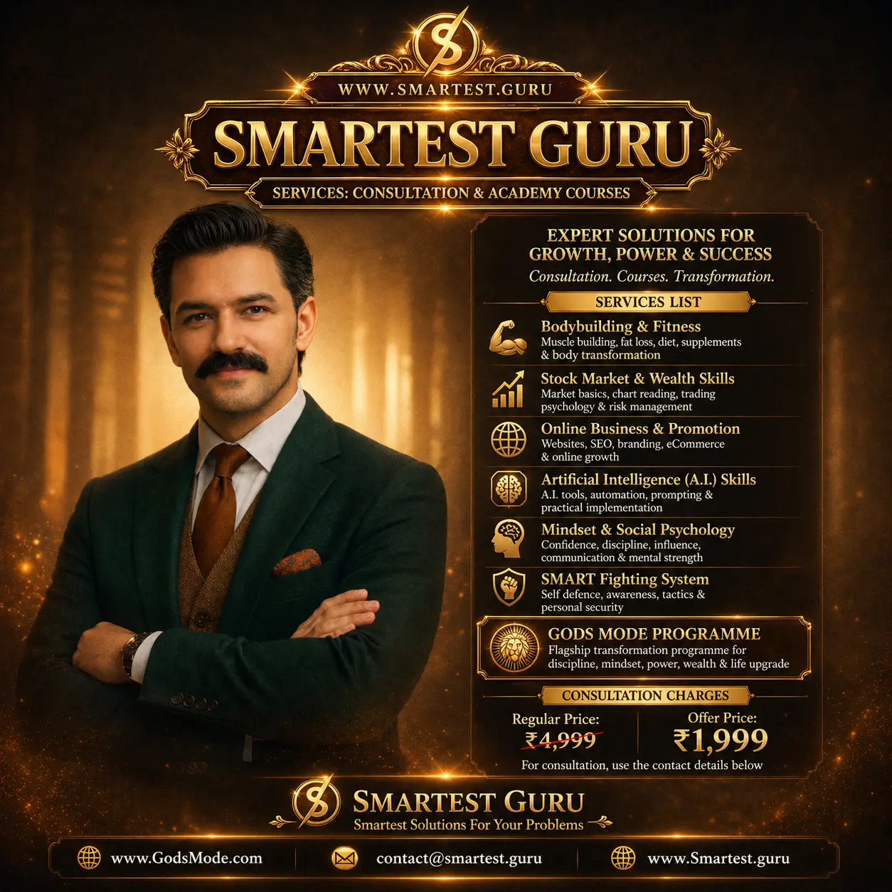 Pratish Kumar, Smartest Guru, in a premium golden mystical professional portrait